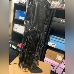 Black fringe over the knee boots